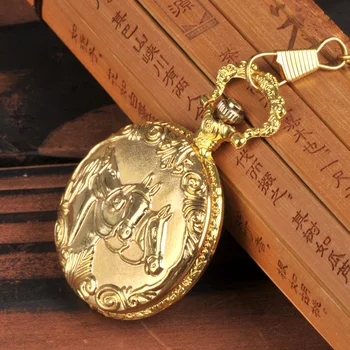 1044 Kolye Kolye Vintage Çin Hayvan Bronz At Kuvars Pocke İzle Koşu Desen Altın İçi Boş