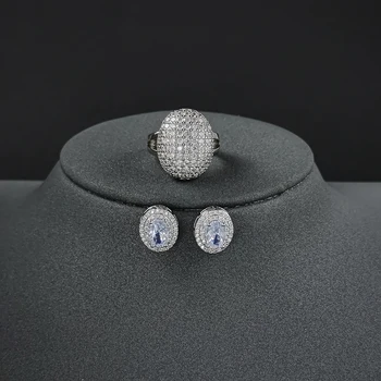 2 adet Paketi gümüş renk gelin takı seti halo Nişan yüzüğü yuvarlak düğme küpe Düğün hediyesi için parti J5342