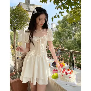 2022 bahar Fransız retro kız tatlı ve baharatlı etek kayısı mantar bel kapağı göbek yayı puf kollu elbise