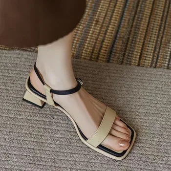 2022 Kadın Sandalet Ayakkabı Kalın Topuklu Zarif Rahat Colorblock Toka Ayakkabı Kadın Yaz Yetişkin Kadın BC4574