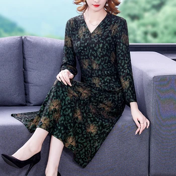2022 Vintage Çiçekli V Yaka Sequins Midi Elbise Sonbahar Kış Kore Moda Günlük Elbiseler Kadınlar Zarif Bodycon Ofis Bayan Elbise