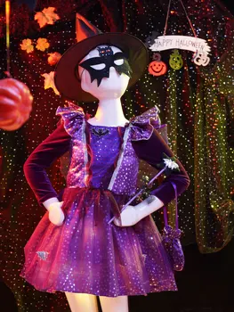 4 adet Çocuk Kız Cadılar Bayramı Cadı Kostüm Sparkly Gümüş Yıldız Baskılı Karnaval Cosplay Elbise Sivri Şapka Değnek Elbise giysi
