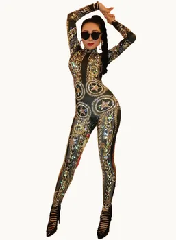 Altın Spandex Baskılı Streç Rhinestones Tulum kadın Seksi Bodysuit Kostüm Sahne Kıyafeti Şarkıcı Dansçı Performans Tulum