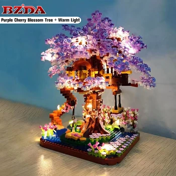 BZDA mor Sakura ağacı ev aile süsleme ışıkları ile Mini yapı taşları fikirleri şehir sokak görünümü aile süsleme tuğla oyuncak