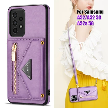Deri Kayış Kapak Samsung Galaxy A52 A52s 5G Crossbody Kılıf ile kartlıklı cüzdan Kordon Kapağı Fermuar Kadın Kız