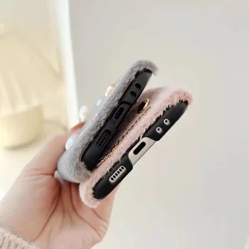 DIY Sevimli Kış Kürk Kürklü Peluş Sıcak Sert Kılıflar Samsung Galaxy Z Flip 4G 4 3 Flip3 Flip4 5G İnci 3D Yay Dekor Çapa Kızlar
