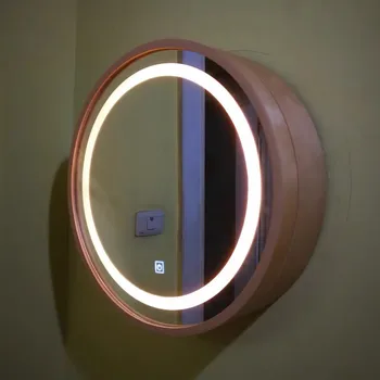 Duvara monte katı ahşap oval LED akıllı banyo aynası saklama kutusu dolabı banyo tuvalet duvara monte yuvarlak ayna ışık