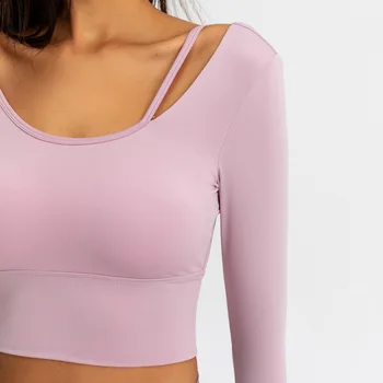 Düz Renk Yuvarlak Boyun Tshirt Kapsamlı Eğitim Spor Kadın Spor uzun Kollu yoga bluzu Üst Çapraz Geri Kesme Göğüs Pedi