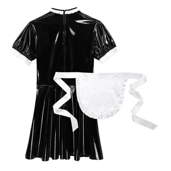 Erkek Sissy Hizmetçi Cosplay seksi parti giysileri Set kısa puf kollu ıslak bak Patent deri hizmetçi hizmetçi üniforma elbise önlük