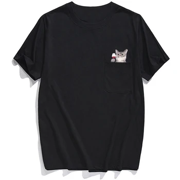 Erkek T Shirt Moda Marka yaz cep Hor kedi baskılı tişört erkek kadın gömlek Hip hop üstleri komik pamuk tees