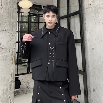 Erkekler Yaka Lace Up Tasarım Gevşek Rahat Net Ünlü Streetwear Moda Vintage Koyu Siyah Kısa Ceket Erkek Sahne Elbise Ceket