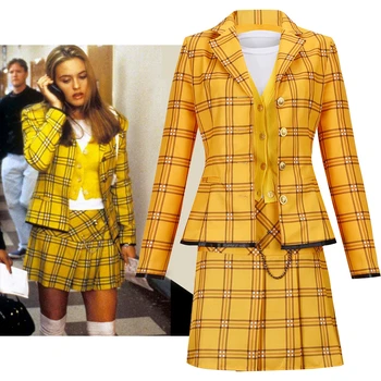 Film Clueless Cher Horowitz Dion Elbise Takım Elbise okul üniforması kolej ceketi Etek Kadın Kıyafetleri Cadılar Bayramı Cosplay Kostüm