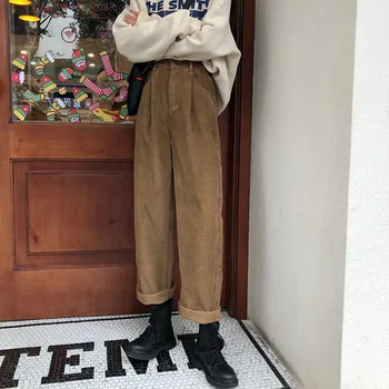 Gevşek Kadife pantolon Kadın Kış Geniş Bacak Yüksek Bel Pantolon Sonbahar Rahat Uzun pantolon Harajuku Streetwear Bej Pantolon 2021