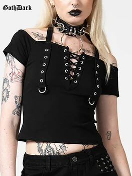 Goth Koyu Kapalı Omuz Merkezi Gotik Kadın T-Shirt Grunge Punk Lace Up Siyah Kısa Kollu Mahsul Tops E-kız Backless Alt Giysi