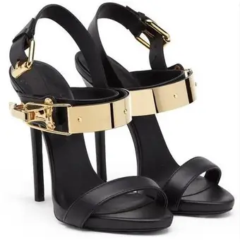 Kadın İnce Yüksek Topuk Hakiki Deri Siyah Altın Bir Düğme Sandalet Yaz Metal Dekorasyon Siyah Sandalet