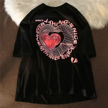 Kadın Yaz Aşk Kalp Baskı Köpük Yazı Tipi kısa kollu tişört Gevşek Streetwear Moda Üst Gevşek Kawaii Tees Harajuku Gömlek