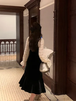 Kore Takım Elbise Kadın Zarif Dantel Tasarım Uzun Kollu Üstleri + Vintage Siyah Kayış Midi Elbise İnce Rahat 2 Parça elbise seti 2022 Sonbahar