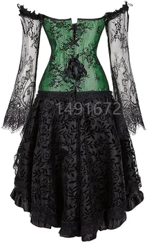 Korse Elbise Uzun Kollu Büstiyer Korse ve Etek Seti Gotik Çiçek Dantel up Showgirl Clubwear Lingerie Kostüm Burlesque Egzotik