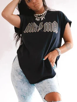 Mama Rock Out Baskı Vintage T Shirt Kadın Harajuku Yeni Yaz Yan Yarık Tee Gömlek Kısa Kollu 90s Femme En Estetik Giysi