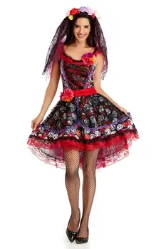 Meksika Ölü Korku Zombi Kafatası Kostüm Cadılar Bayramı Karnaval Parti Çiçek Peri Hayaletler Gelin Cosplay Elbise