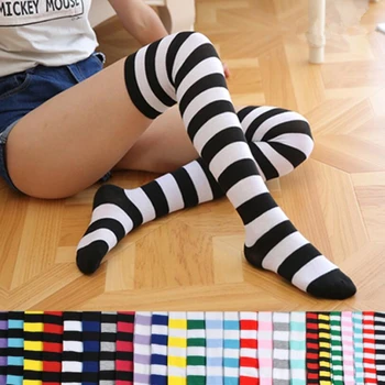 Moda Sevimli Kadın Kızlar Kawaii Lolita Pamuk Uzun Çizgili Uyluk Yüksek Çorap Anime Cosplay Diz Çorap Üzerinde