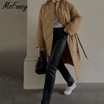 Msfancy Uzun Parkas Kadın Standı Yaka Kapitone Mont Femme Kış Kruvaze Tunik Bandaj Ceket Dış Giyim