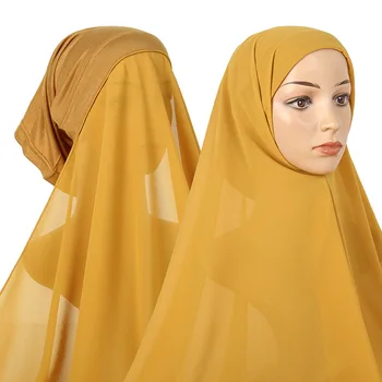 Müslüman Kadınlar Ağır Şifon Başörtüsü Kaput ile Eşarp Anında Şifon Hicap Eşarp Kapaklar ile Pinless Underscarf Başörtüsü Şapka