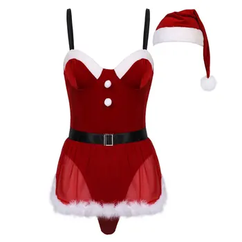 Nimiya Bayan Spagetti Sapanlar Kadife 2 Adet Noel Bodysuit Lingeries Tüy Kırpma Önlük Şapkalar Tatil Balayı