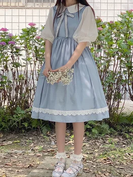 QWEEK Tatlı Kawaii Lolita Elbise Kadın Tiki Tarzı Okul Puf Kollu Elbiseler Sevimli Peter Pan Yaka Öğrenci Kıyafetleri 2022 Yaz
