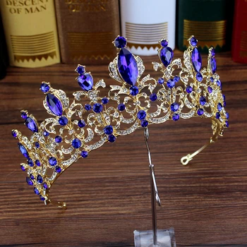 Rhinestone Düğün Kafa Gelin Saç Takı Kraliyet Mavi Kristal Kadın Diadem Büyük Quinceanera Tiaras Ve Taçlar Gelinler Için