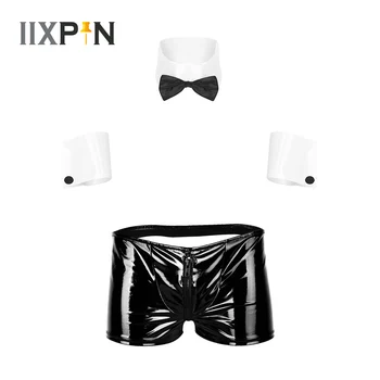 Seksi Erkek Smokin Garson iç çamaşırı seti Kostüm Fermuar Bulge Kılıfı Açık Popo Boxer Külot Eşcinsel Erkek İç Çamaşırı Yaka Manşetleri Takım Elbise