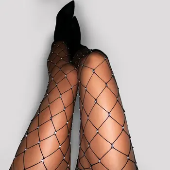 Seksi Kadınlar Rhinestone Fishnet Tayt Kristal Çorap Siyah Beyaz BÜYÜK Büyük Örgü Elmas Glitter Külotlu Çorap Seksi Tayt Çorap