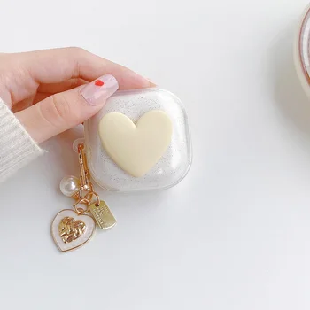 Sevimli 3D Aşk Kalp Parlak Şeffaf Kılıf İnci Kolye Anahtarlık Samsung Galaxy Tomurcukları Canlı 2 Pro Kulaklık Kutusu Koruyucu Çanta