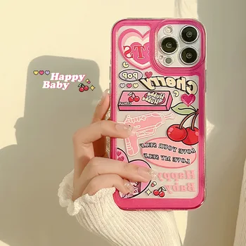 Sevimli Tatlı Pop Kiraz Kızlar Aşk Su Tabancası Telefon Kılıfı İçin iPhone 11 13 mini 14 12 Pro Max X XR 7 8 Artı Kılıf Kapak