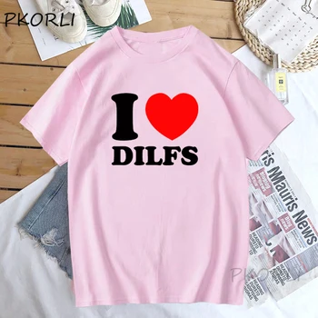 Seviyorum Dilfs kadın pamuklu tişört Yaz Giyim Kadınlar için Komik Grafik T Shirt Rahat Kısa Kollu Unisex Kadın Giyim