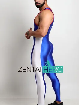 Sıcak Satış Seksi Mavi Süper Rahat Sıkı Lycra Spandex Zentai Bodysuits Erkek Tulum Tek parça Güreş Takım Elbise
