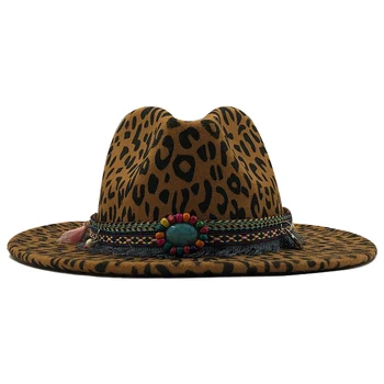 Trend Unisex Düz Ağız Yün Keçe Caz fötr şapkalar Kadınlar Klasik Leopar Tane Püskül Band Dekor Fötr Panama Resmi Şapka Erkekler İçin