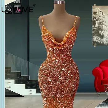 Turuncu Glitter Mermaid Sequins Abiye 2023 Spagetti Sapanlar Uzun Parti Elbise Kadınlar Örgün Balo Pageant Törenlerinde Özelleştirmek