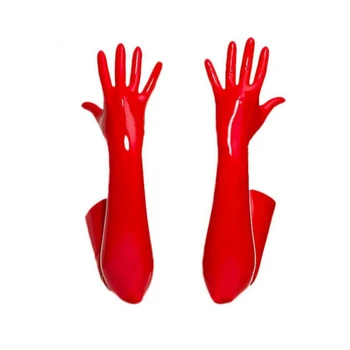 Unisex Lateks Kauçuk Eldiven Bilek Dikişsiz Kalıplı Omuz Uzunluğu Lateks Eldiven Siyah ve Kırmızı Uzun Fetiş Eldiven Erkekler Kadınlar için