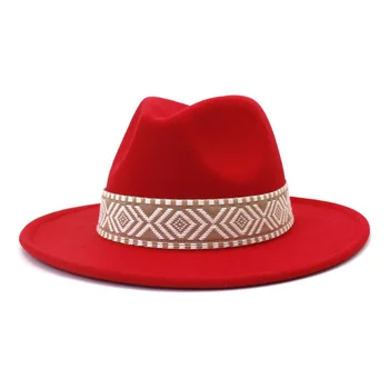 Unisex Sıcak Keçe Kemer Şapka Fedoras Şapka Kadınlar İçin İngiliz Tarzı Vintage kilise şapkaları Bayan Düz Ağız Caz Kap Chapeau Toptan