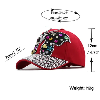 Yeni Kırmızı beyzbol şapkası Kadın Tam Kristal Renkli Büyük Kelebek Şapka Denim Bling Rhinestone Snapback Kapaklar Casquette yazlık şapkalar