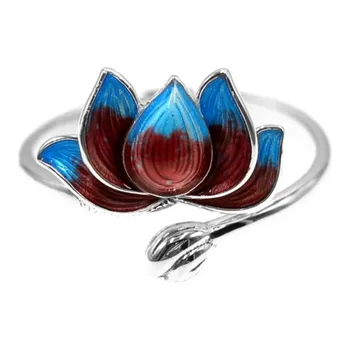 Yeni Moda Yanmış Mavi Emaye İşi Lotus Gümüş Kaplama Takı Kişilik Epoksi İki renkli Lotus çiçeği Açılış Yüzükler R306