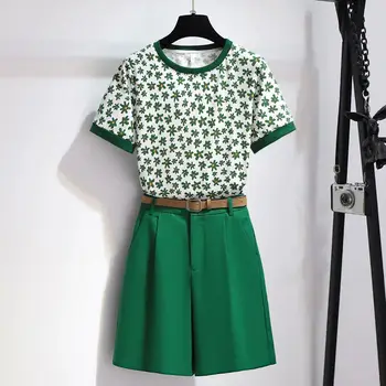 Yeşil Küçük Taze kadın Takım Elbise Tatlı 2022 Kore Yaz Yeni Moda Yabancı Stil Yaş Azaltma Şort İki parçalı Set