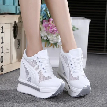 Yüksek Kaliteli Kadın Örgü Platformu Sneakers Eğitmenler beyaz ayakkabı 10 CM Yüksek Topuklu Takozlar Açık Ayakkabı nefes alan günlük ayakkabılar Kadın