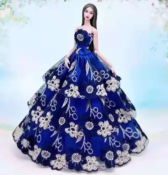 Zarif Kraliyet Mavi Çiçek Kapalı Omuz Dantel Elbise barbie oyuncak bebek Giysileri 1/6 BJD Aksesuar Prenses gelinlik Dollhouse Oyuncaklar