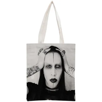 Özel Marilyn Manson Tote Çanta Kullanımlık Çanta Kadın Omuz Katlanabilir Tuval Alışveriş Çantaları Özelleştirmek görüntü