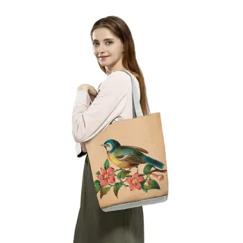 Özelleştirilebilir Çanta Büyük Kapasiteli Alışveriş Çantaları Açık Sevimli Lark Papağan Kuş Baskı Rahat Tote Çanta kadın askılı omuz çantası
