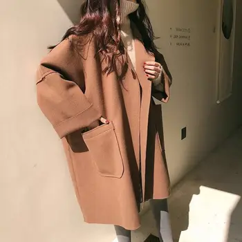 Büyük boy kadın yün trençkot kadın sonbahar ve kış Kore versiyonu şişman kardeş gevşek uzun yün ceket