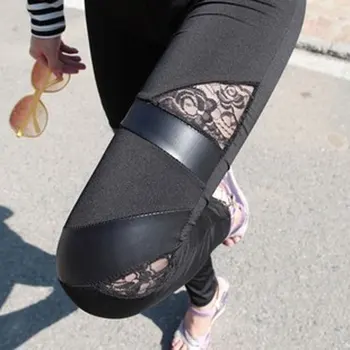 INDJXND Bahar Sonbahar Tayt Streç Deri Dantel Ekleme Egzersiz Sıska Siyah Örme Örgü Punk Rock Elastik Femme Pantolon