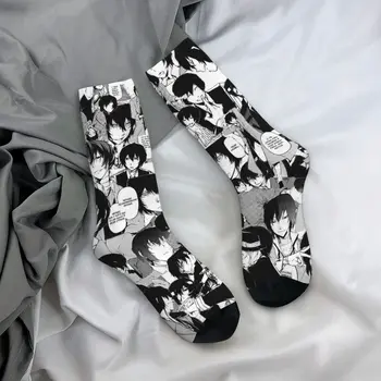 Komik Dazai Osamu Kolaj Manga Siyah Ve Beyaz spor çorapları Ekose Anime Polyester Ekip Çorap Kadın Erkek Ter Emici